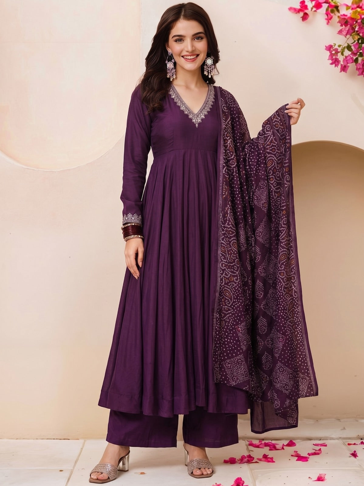 Women's Vichitra Embroidered Kurta Set with Chanderi Printed Dupatta