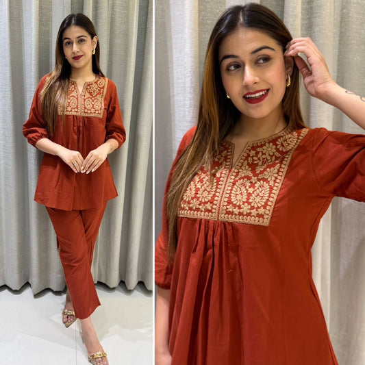 Cotton Embroidered Short Kurta Pant Set