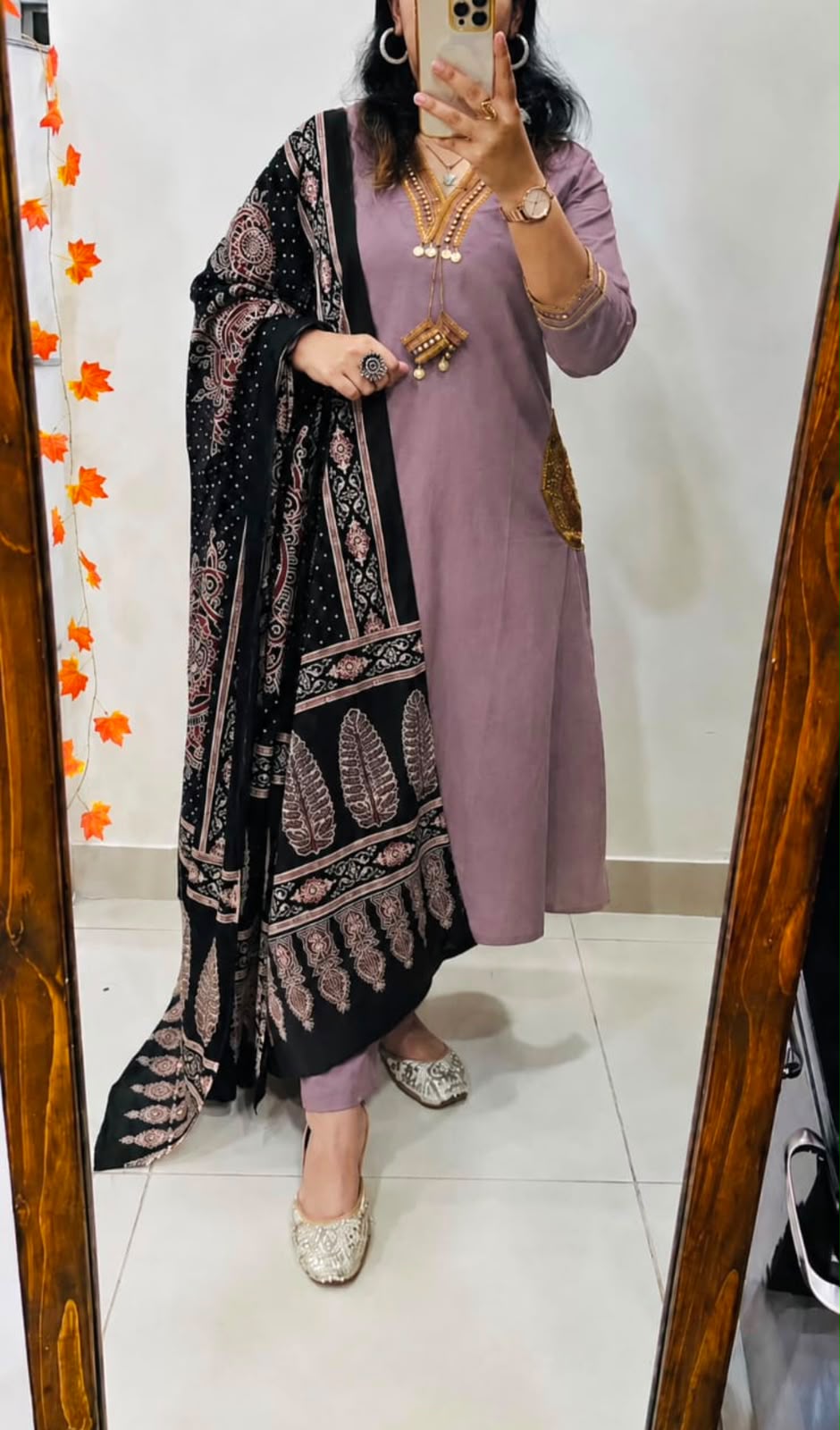 Premium Dhabu Cotton A-Line Kurta Set with Ajrakh Dupatta & Embroidery | Women's Ethnic Wear