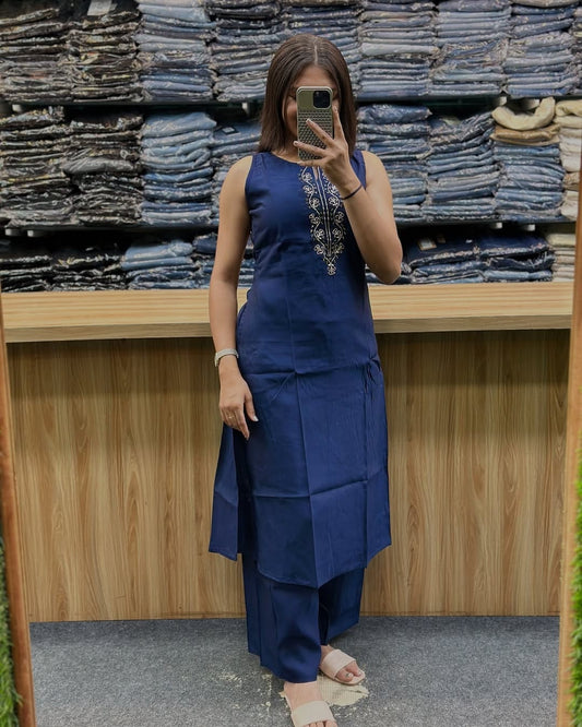 Women’s Cotton Slub Handwork Co-ord Set – Kurti & Pant