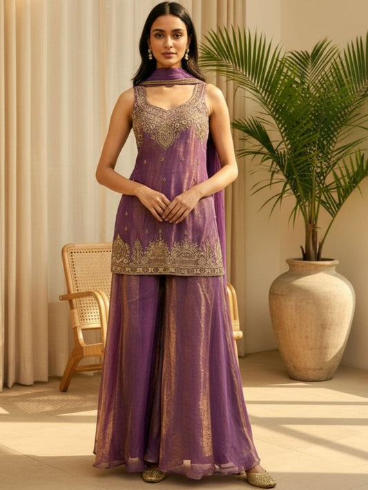 Purple Fendy Satin Embroidered Kurta Palazzo Set with Dupatta