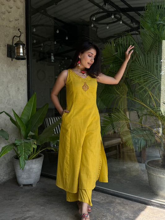 Premium Cotton Slub Embroidered Kurta Palazzo Set