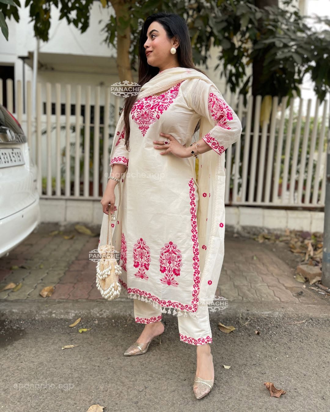 Pure Khadi Cotton Embroidered Kurta Pant Set with Full Dupatta for Women | Off White & Rust | Premium Ethnic Wear