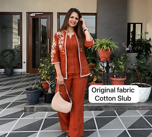 Premium Cotton Slub Embroidered 3-Piece Set for Women | Jacket, Inner & Trousers