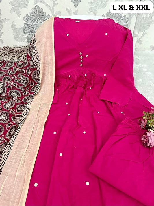 Premium A-Line Cotton Kurta Set with Jaipur Printed Mulmul Dupatta for Women