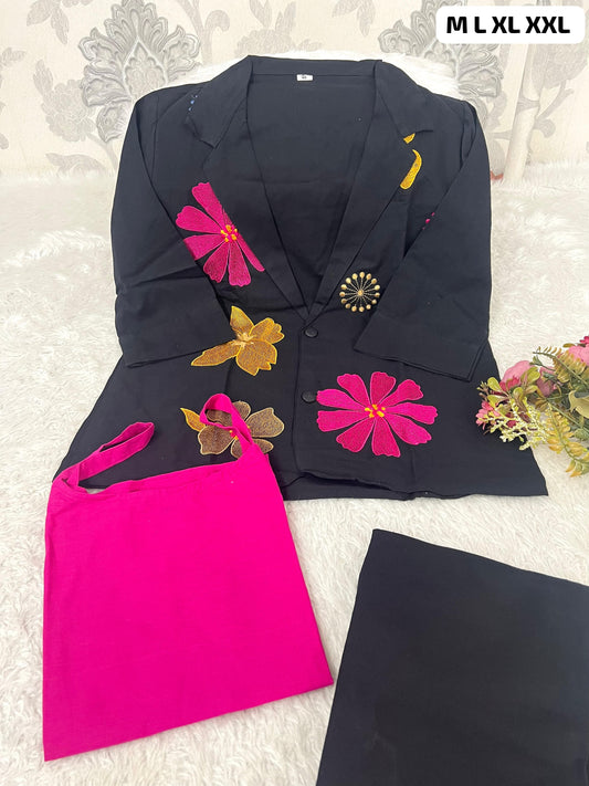 Premium Cotton Flax Embroidered 3-Piece Co-Ord Set for Women | Blazer, Inner & Pants