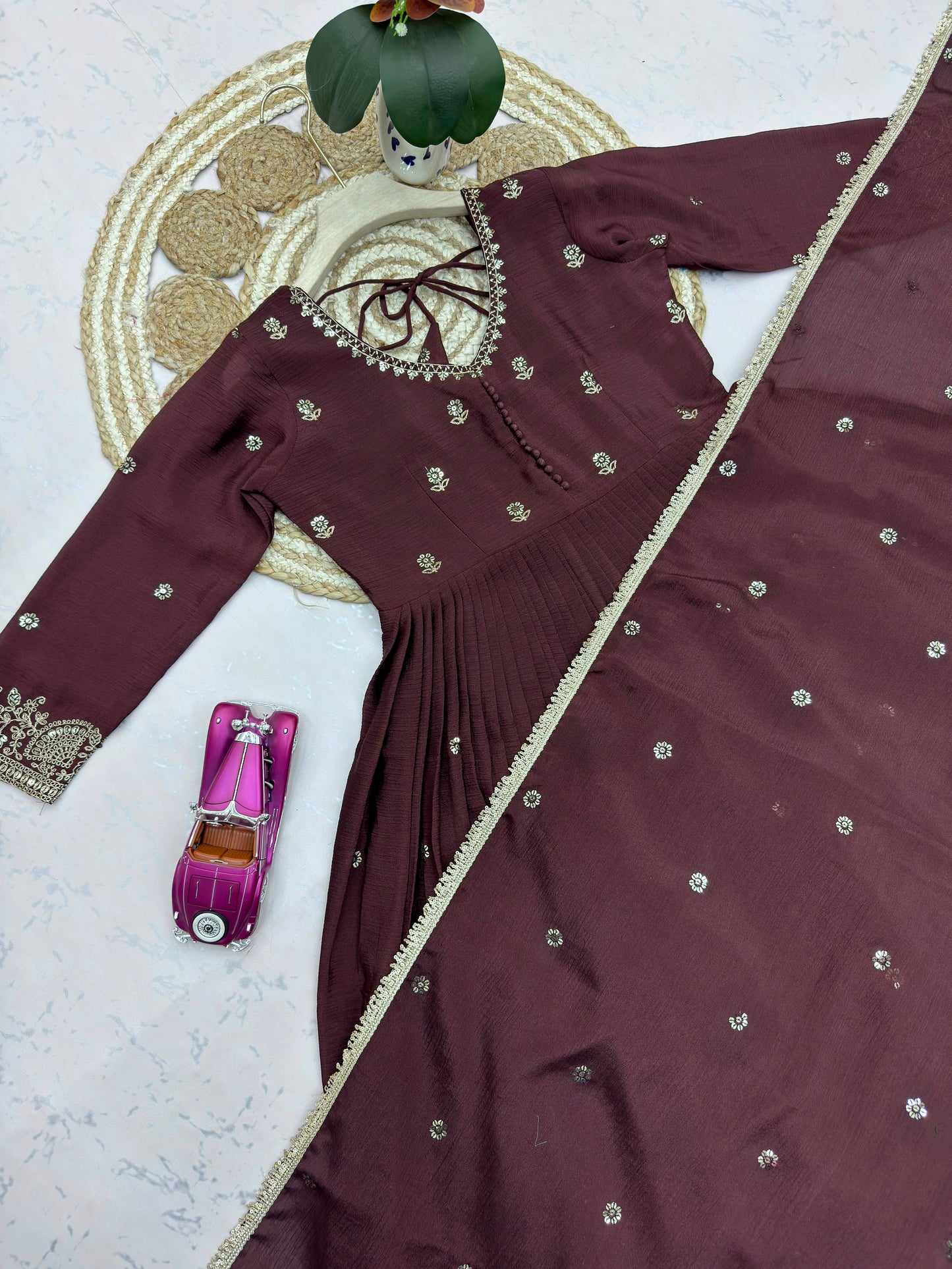 Designer Chinon Silk Party Wear Gown Set with Dupatta & Pant – Wine Brown