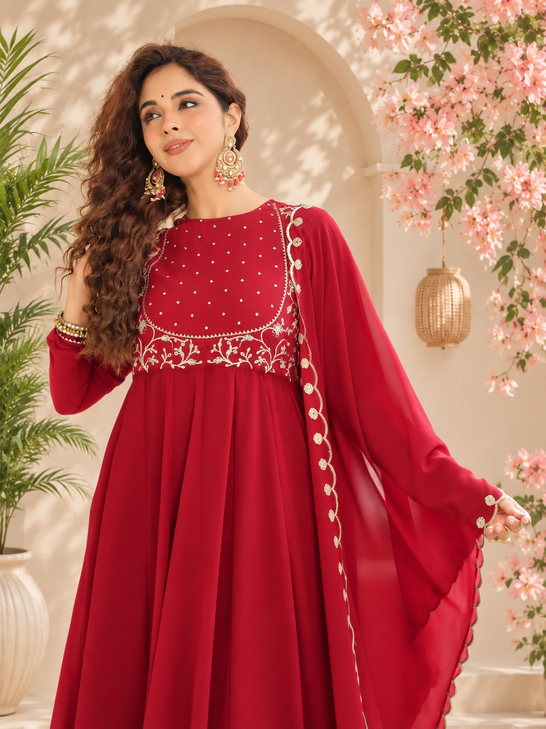 Maroon Embroidered Georgette Anarkali Suit Set with Dupatta