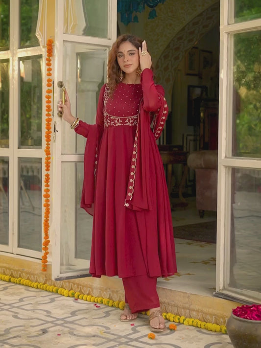 Maroon Embroidered Georgette Anarkali Suit Set with Dupatta