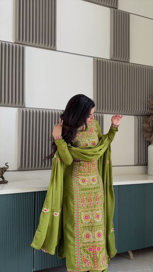 Women's Chinnon Silk Embroidered Kurta Pant Set with Dupatta | Zari & Thread Work | Full Sleeves | M-XXL