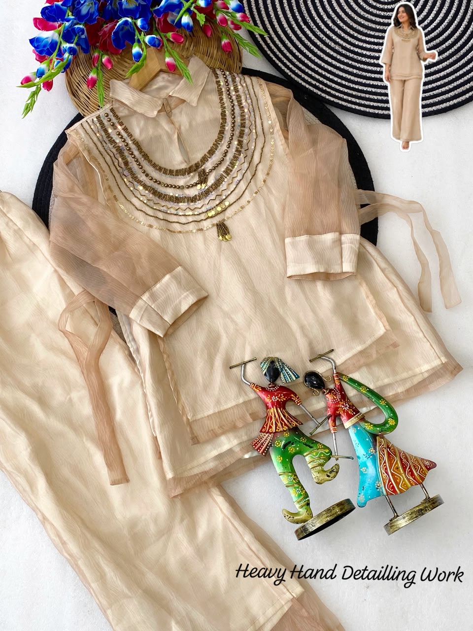 Festive Shimmer Organza Tissue Silk Co-Ord Set with Heavy Handwork Yoke