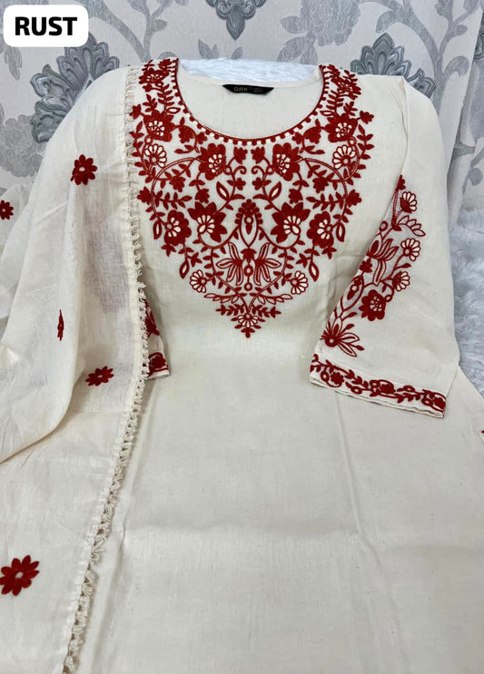 Pure Khadi Cotton Embroidered Kurta Pant Set with Full Dupatta for Women | Off White & Rust | Premium Ethnic Wear