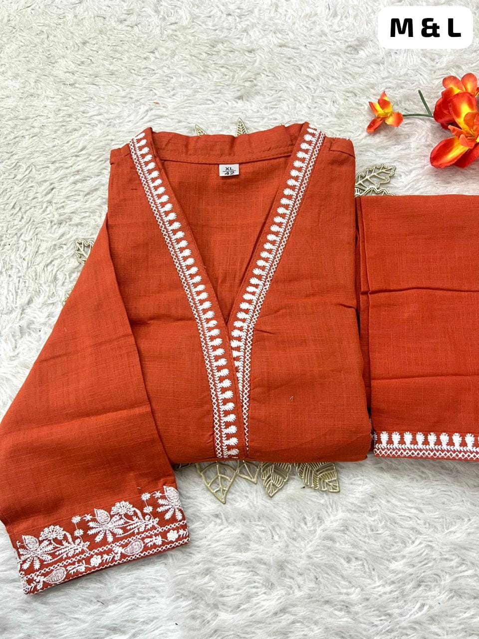 Women's Cotton Slub Embroidered Kurta Pant Set | Office & Casual Wear | V-neck