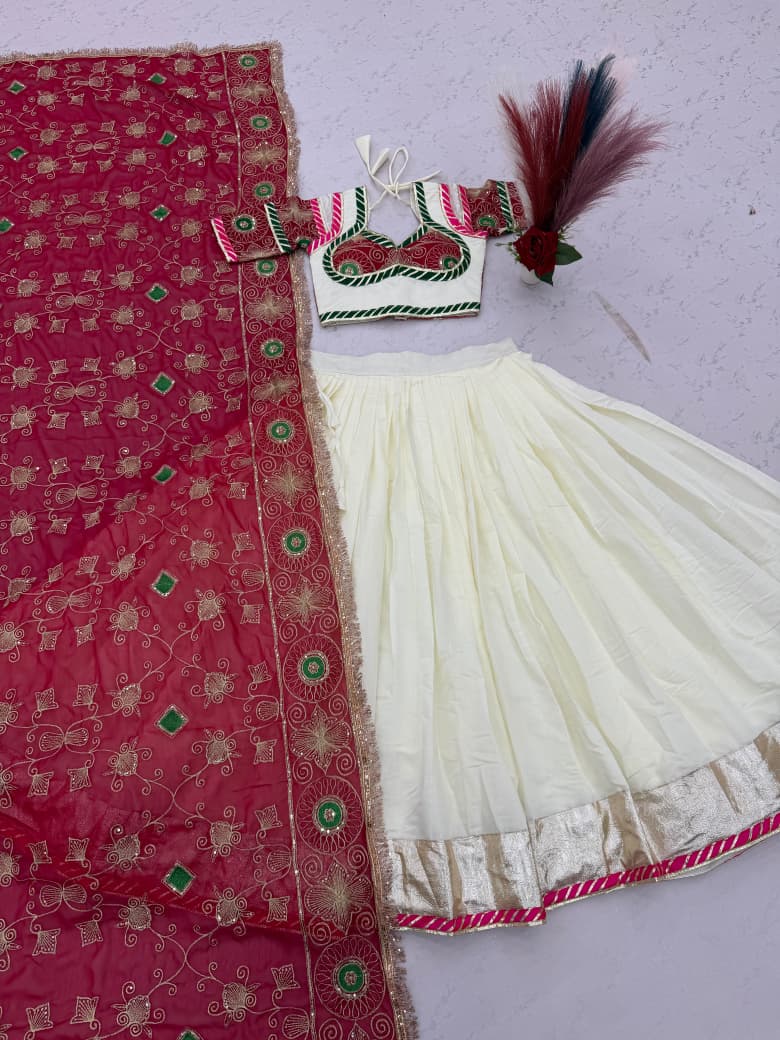 Navratri Special Pink & Ivory Embroidered Lehenga Choli Set with Dupatta