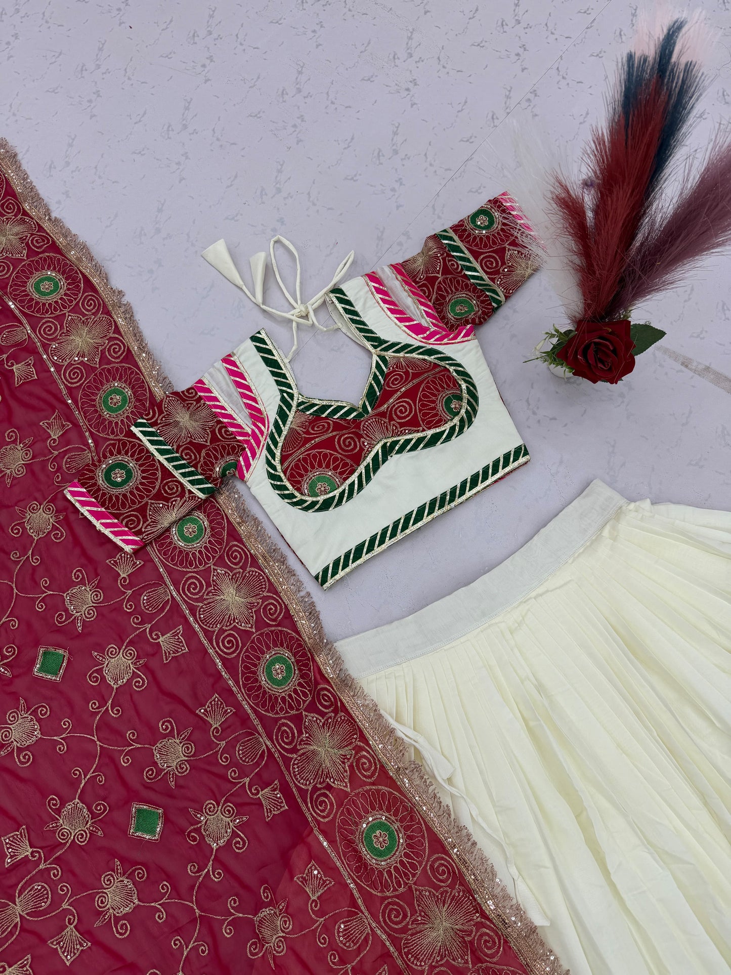 Navratri Special Pink & Ivory Embroidered Lehenga Choli Set with Dupatta