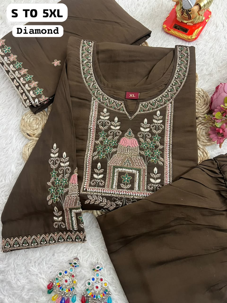 Diamond Embroidered 3-Piece Salwar Suit Set with Dupatta & Pants | Premium Festive Wear (S–5XL)