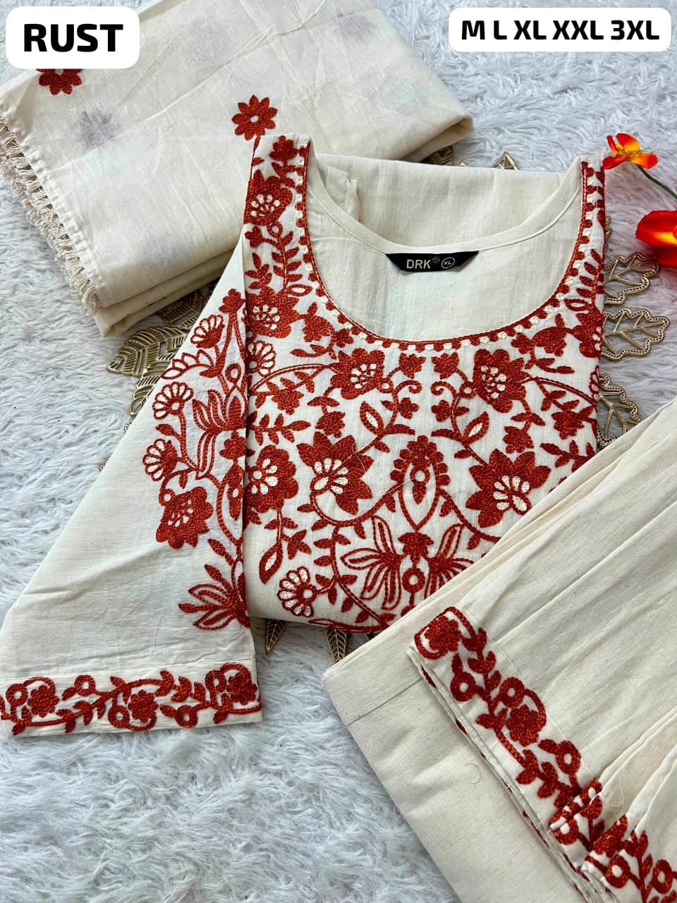 Pure Khadi Cotton Embroidered Kurta Pant Set with Full Dupatta for Women | Off White & Rust | Premium Ethnic Wear