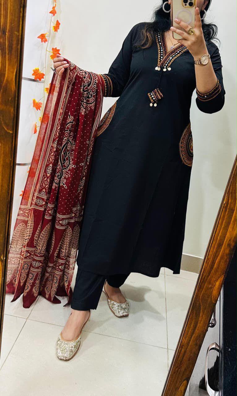 Premium Dhabu Cotton A-Line Kurta Set with Ajrakh Dupatta & Embroidery | Women's Ethnic Wear