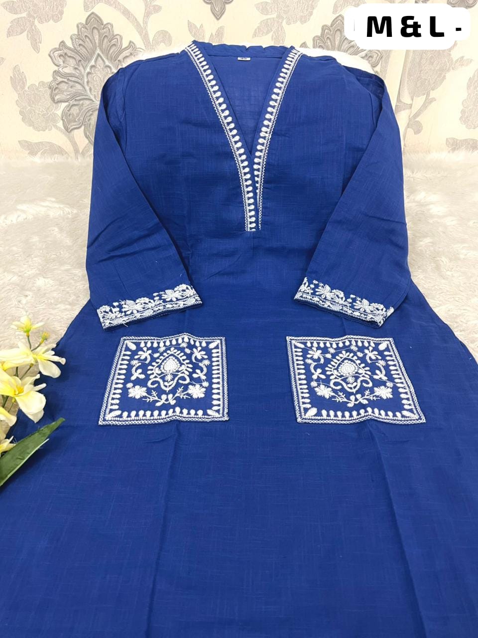 Women's Cotton Slub Embroidered Kurta Pant Set | Office & Casual Wear | V-neck