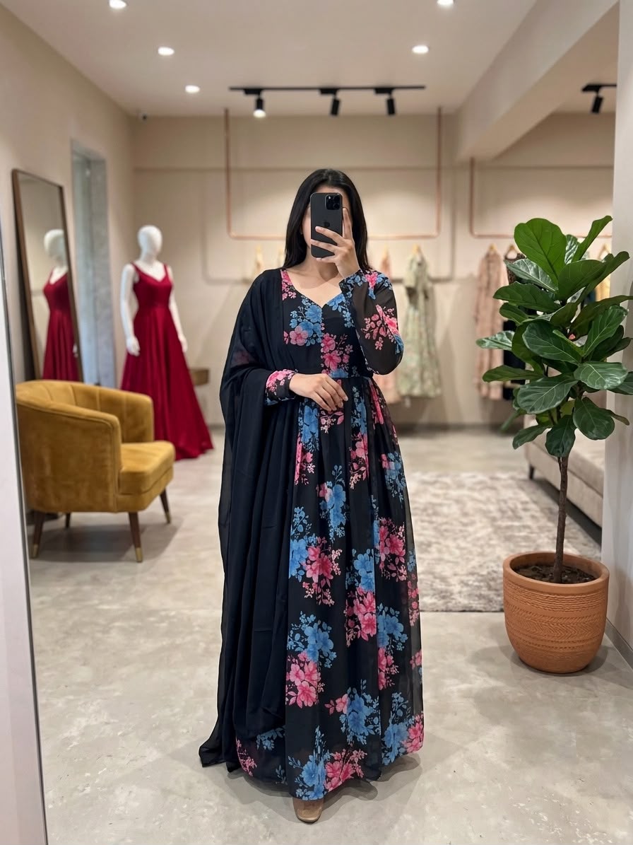 Floral Fox Georgette Anarkali Set with Dupatta – Black