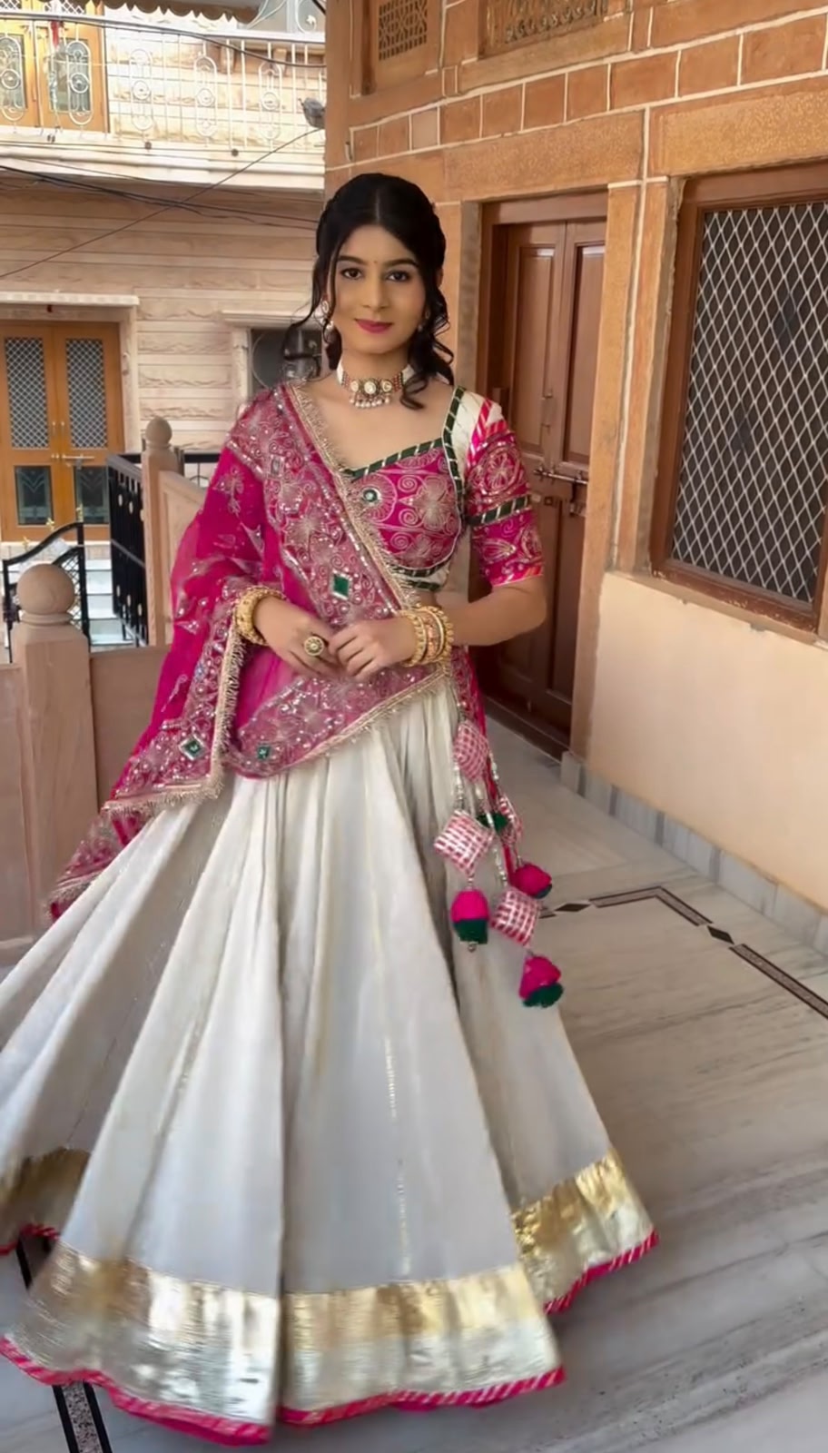Navratri Special Pink & Ivory Embroidered Lehenga Choli Set with Dupatta