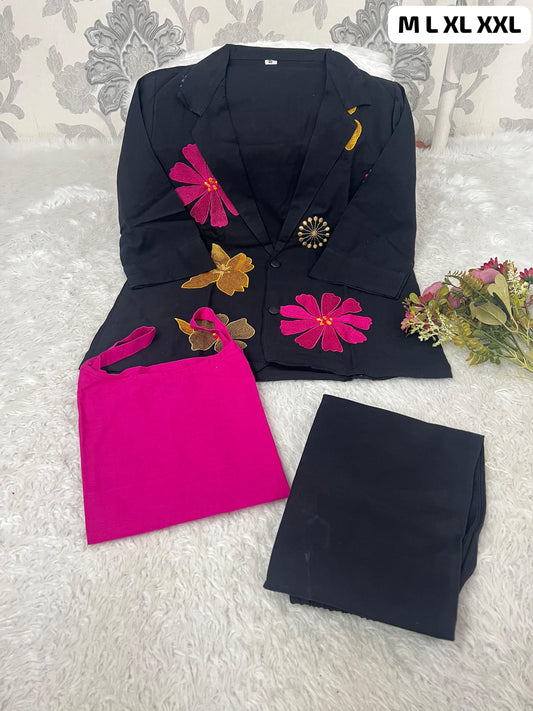 Premium Cotton Flax Embroidered 3-Piece Co-Ord Set for Women | Blazer, Inner & Pants