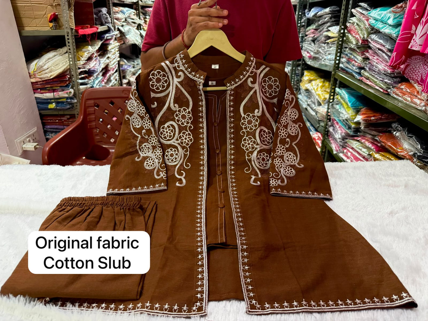Premium Cotton Slub Embroidered 3-Piece Set for Women | Jacket, Inner & Trousers