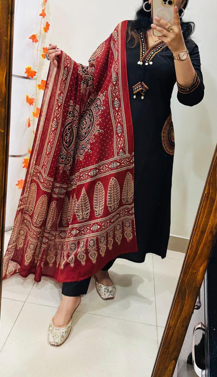 Premium Dhabu Cotton A-Line Kurta Set with Ajrakh Dupatta & Embroidery | Women's Ethnic Wear
