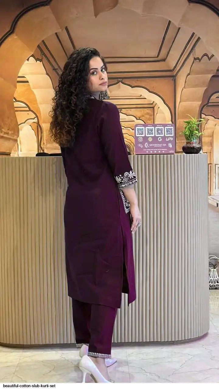 Women's Cotton Slub Embroidered Kurta Pant Set | Office & Casual Wear | V-neck
