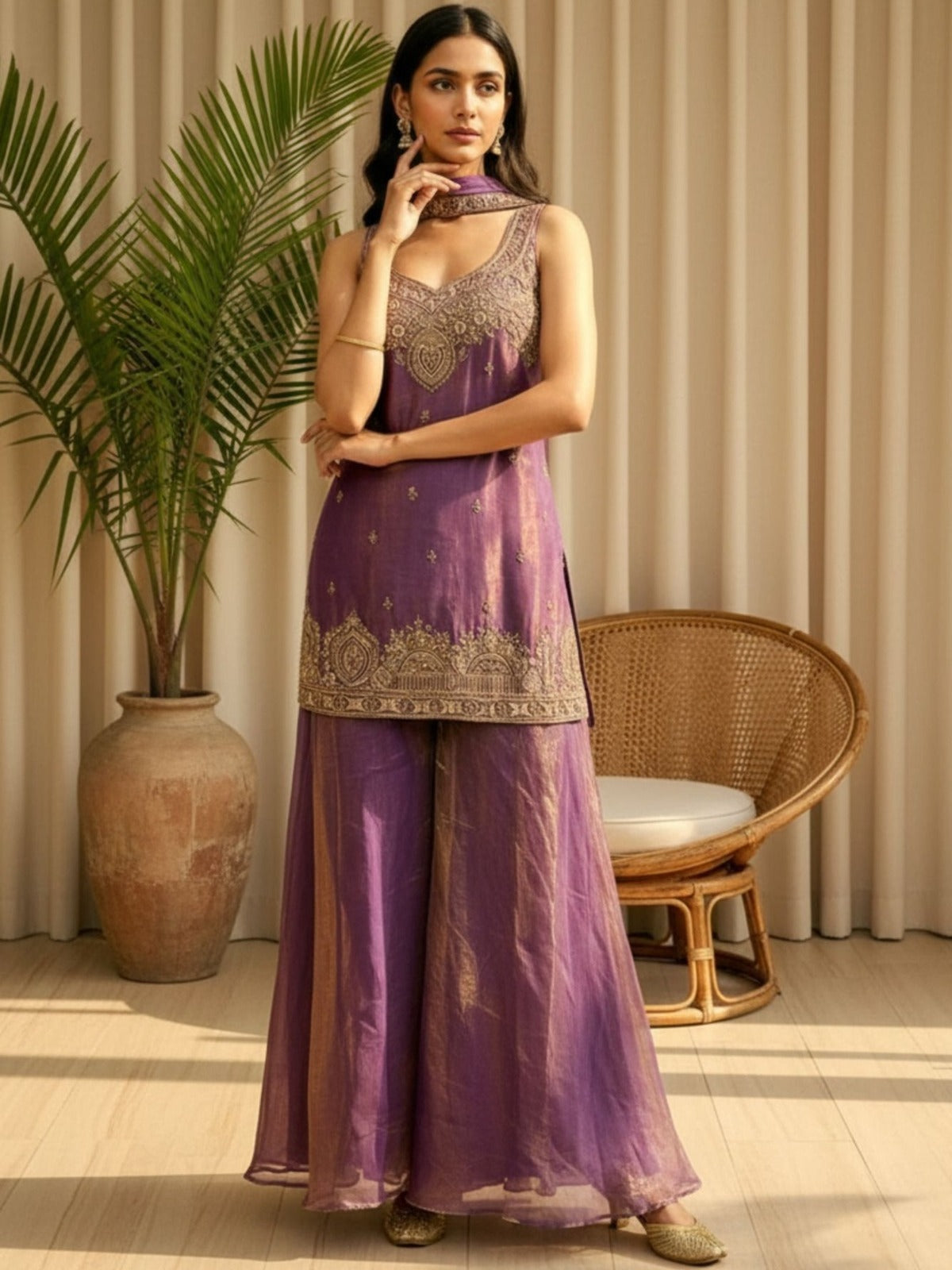 Purple Fendy Satin Embroidered Kurta Palazzo Set with Dupatta