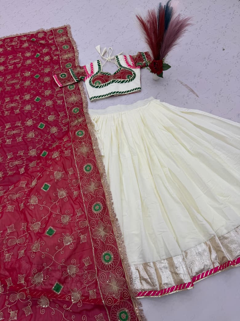 Navratri Special Pink & Ivory Embroidered Lehenga Choli Set with Dupatta