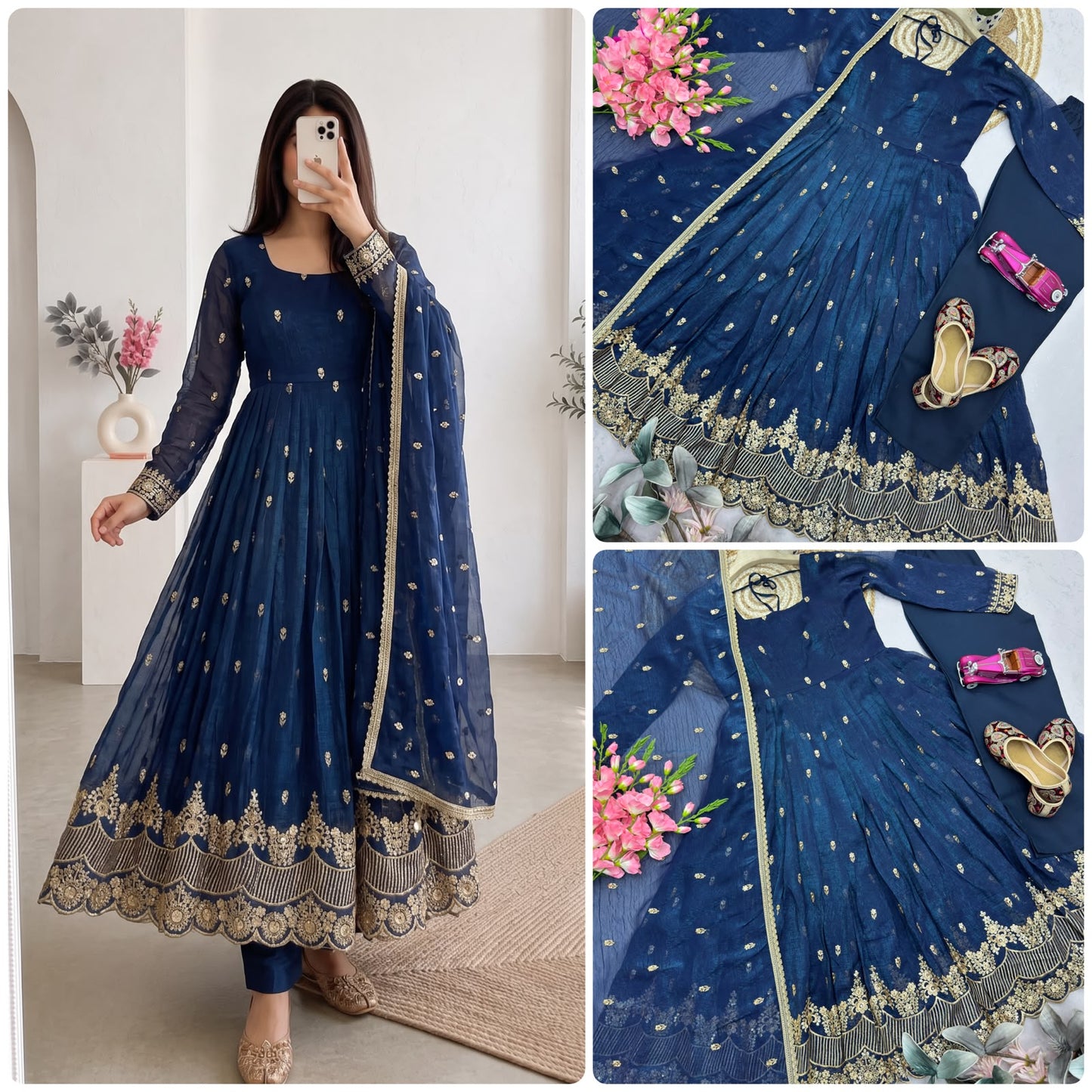 Navy Blue Designer Embroidered Sequins Gown Set with Dupatta & Pant