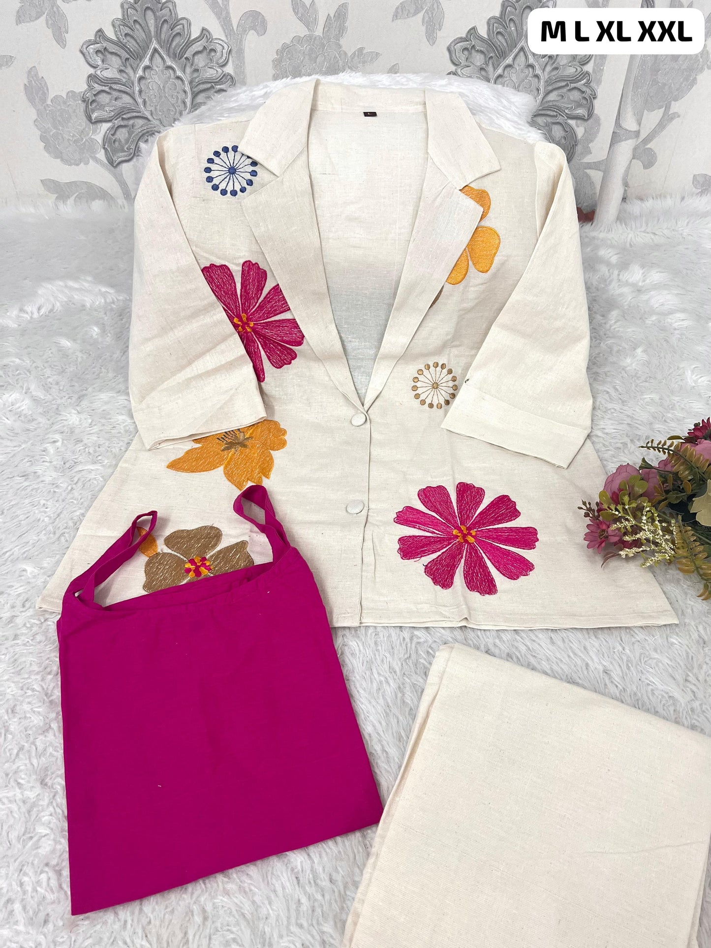 Premium Cotton Flax Embroidered 3-Piece Co-Ord Set for Women | Blazer, Inner & Pants