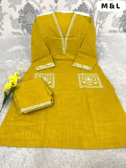 Women's Cotton Slub Embroidered Kurta Pant Set | Office & Casual Wear | V-neck