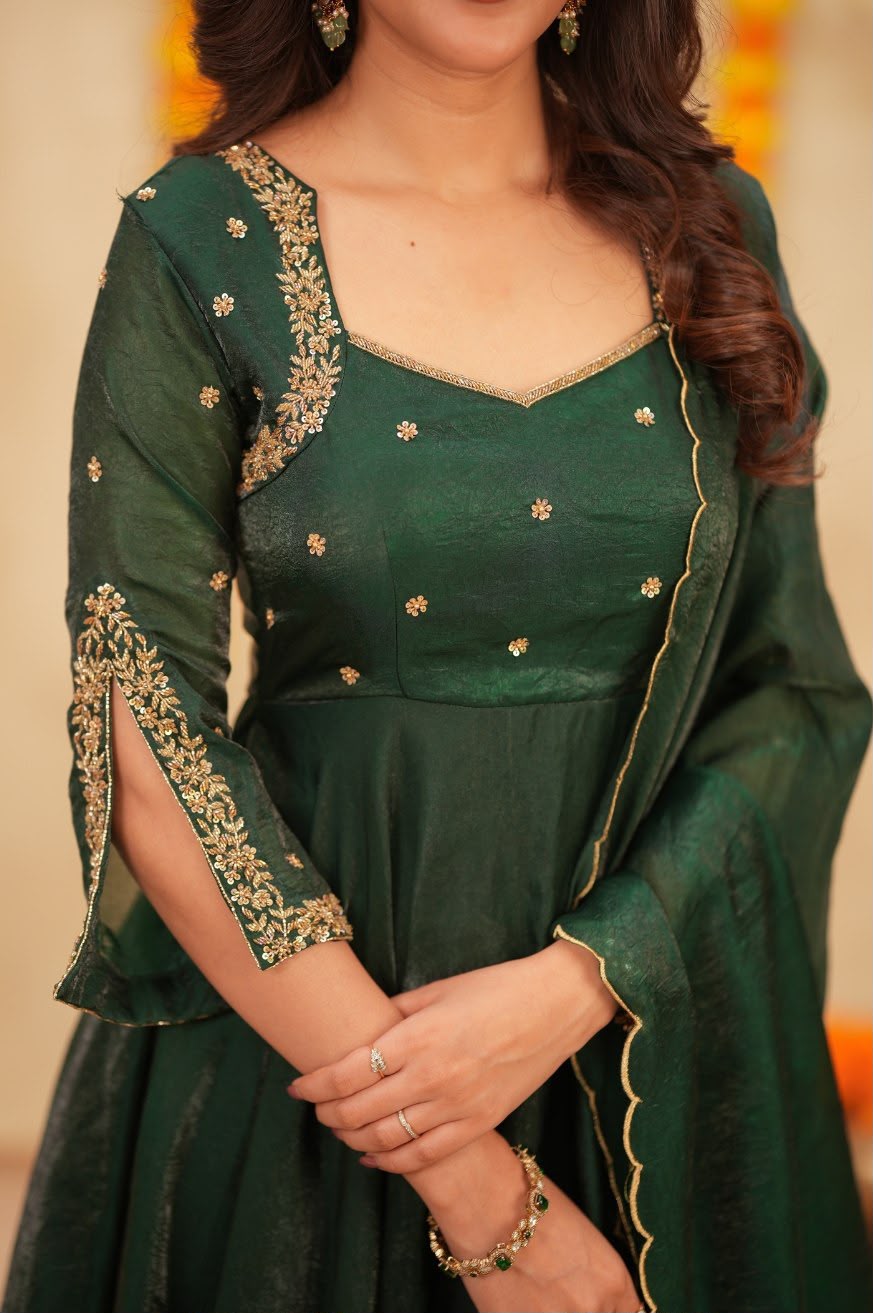 Emerald Green Sparkling Georgette Anarkali Gown | Velora