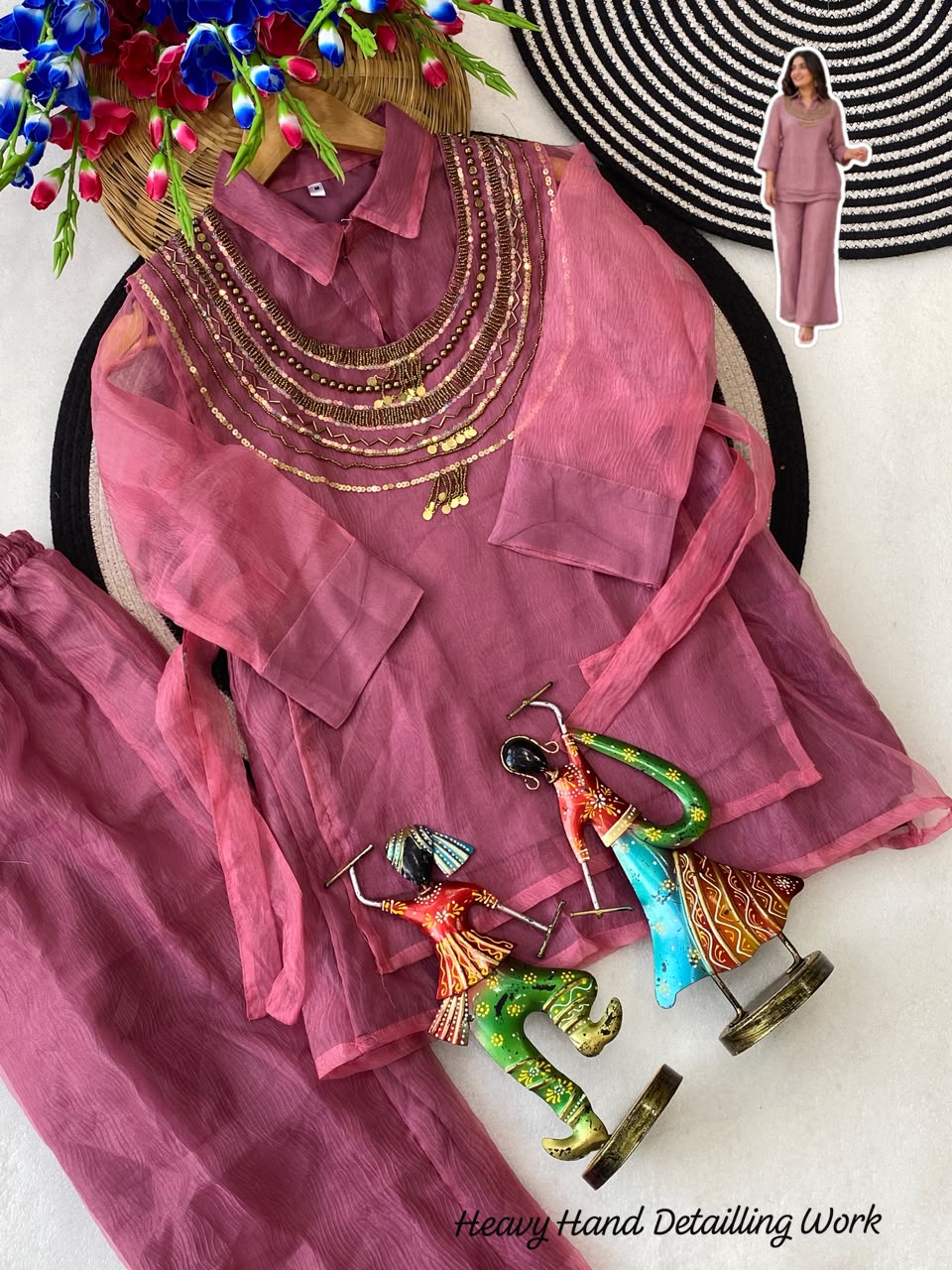 Festive Shimmer Organza Tissue Silk Co-Ord Set with Heavy Handwork Yoke
