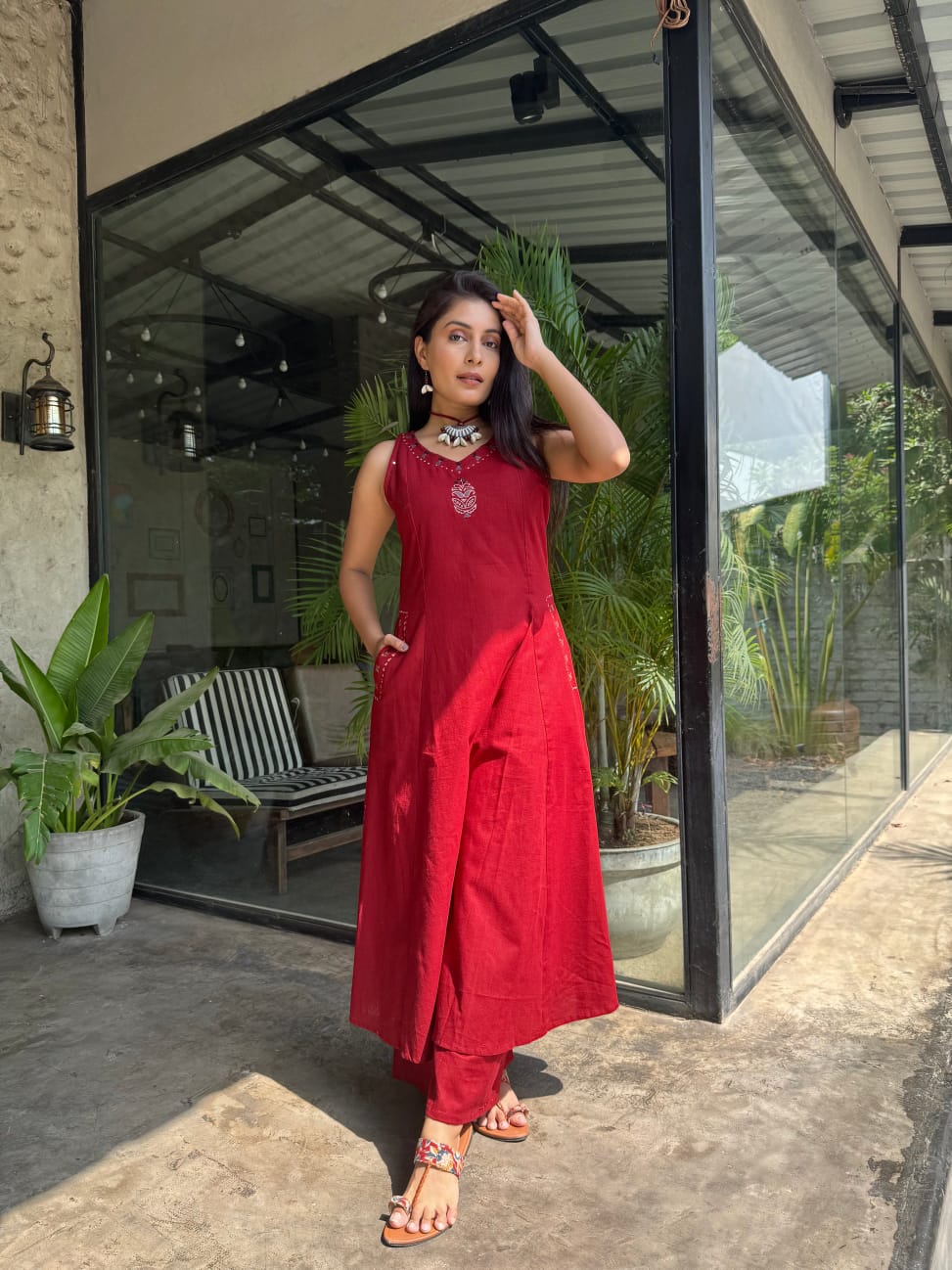 Premium Cotton Slub Embroidered Kurta Palazzo Set