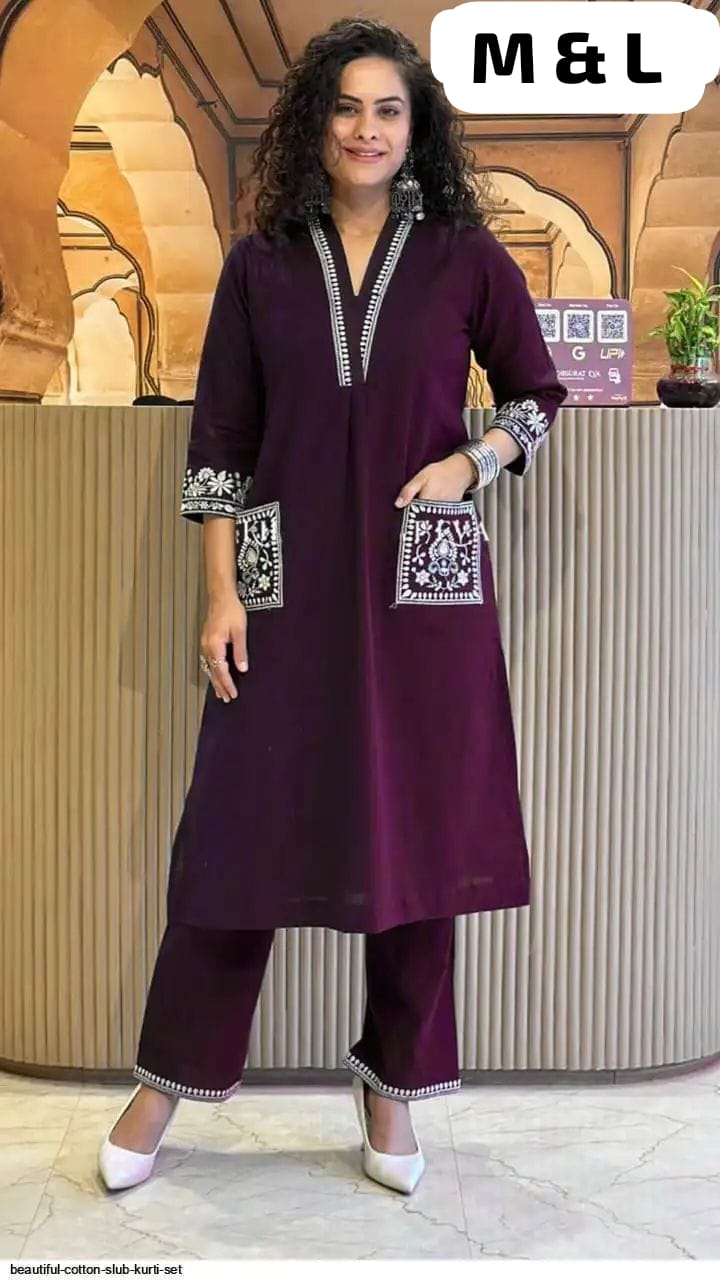 Women's Cotton Slub Embroidered Kurta Pant Set | Office & Casual Wear | V-neck
