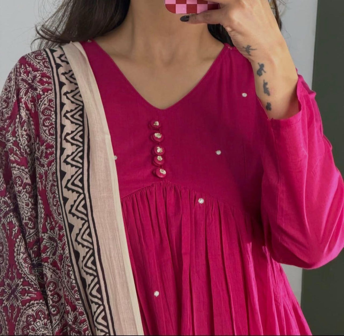 Premium A-Line Cotton Kurta Set with Jaipur Printed Mulmul Dupatta for Women