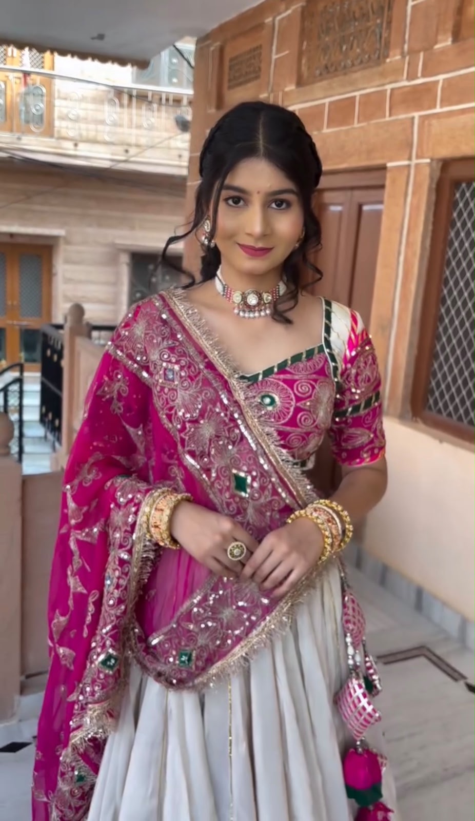 Navratri Special Pink & Ivory Embroidered Lehenga Choli Set with Dupatta
