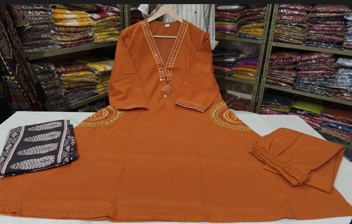 Premium Dhabu Cotton A-Line Kurta Set with Ajrakh Dupatta & Embroidery | Women's Ethnic Wear