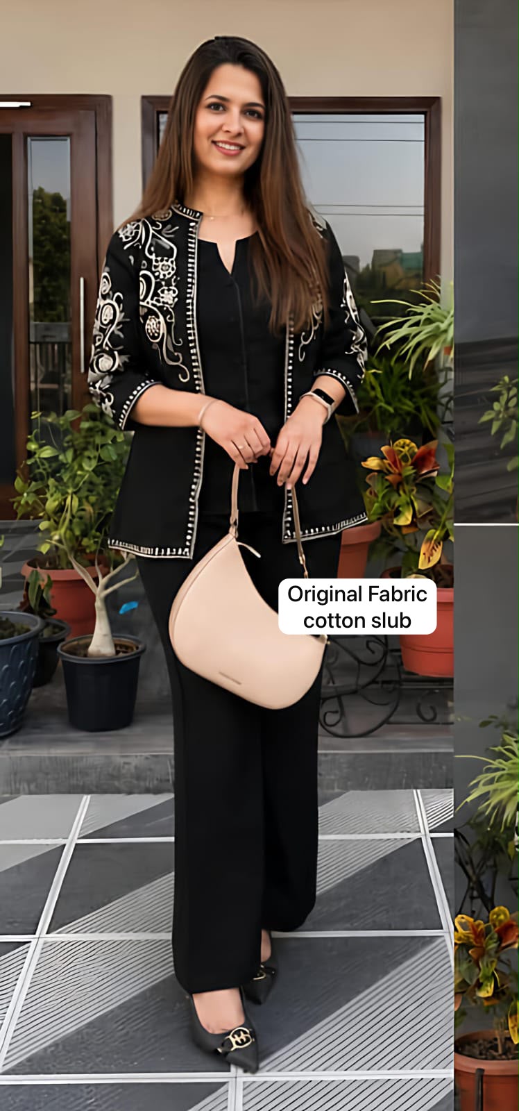Premium Cotton Slub Embroidered 3-Piece Set for Women | Jacket, Inner & Trousers