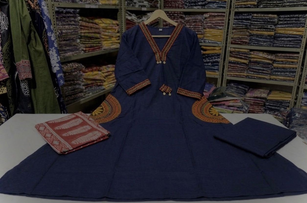 Premium Dhabu Cotton A-Line Kurta Set with Ajrakh Dupatta & Embroidery | Women's Ethnic Wear
