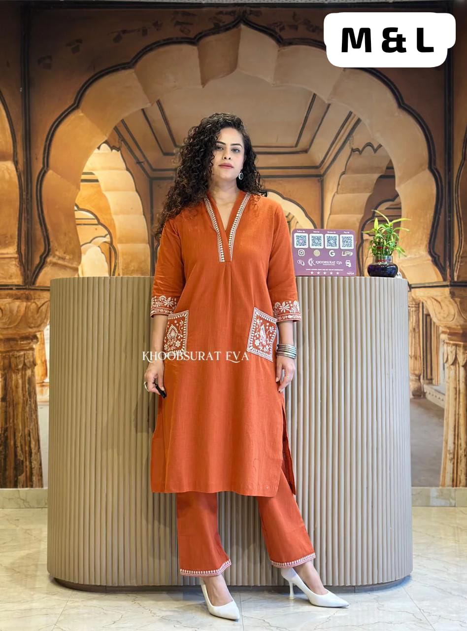 Women's Cotton Slub Embroidered Kurta Pant Set | Office & Casual Wear | V-neck