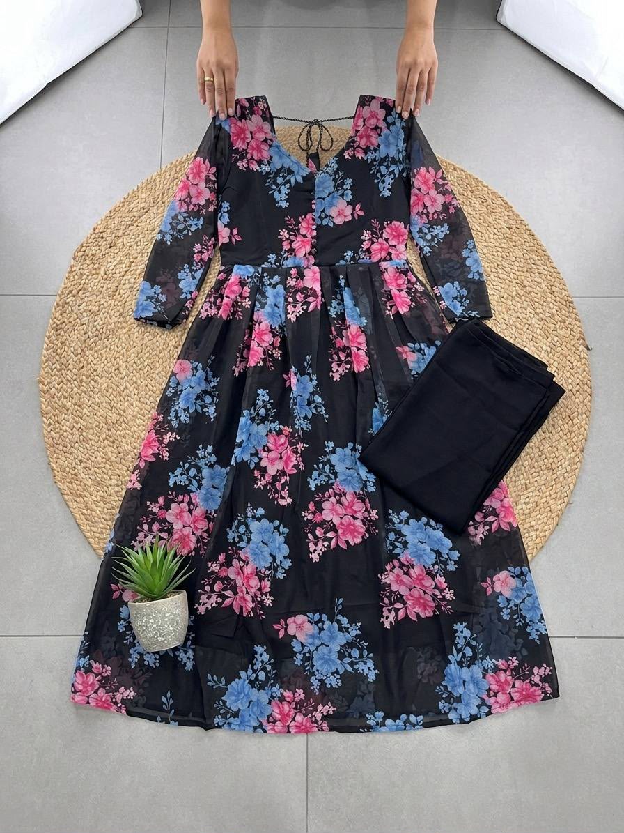 Floral Fox Georgette Anarkali Set with Dupatta – Black