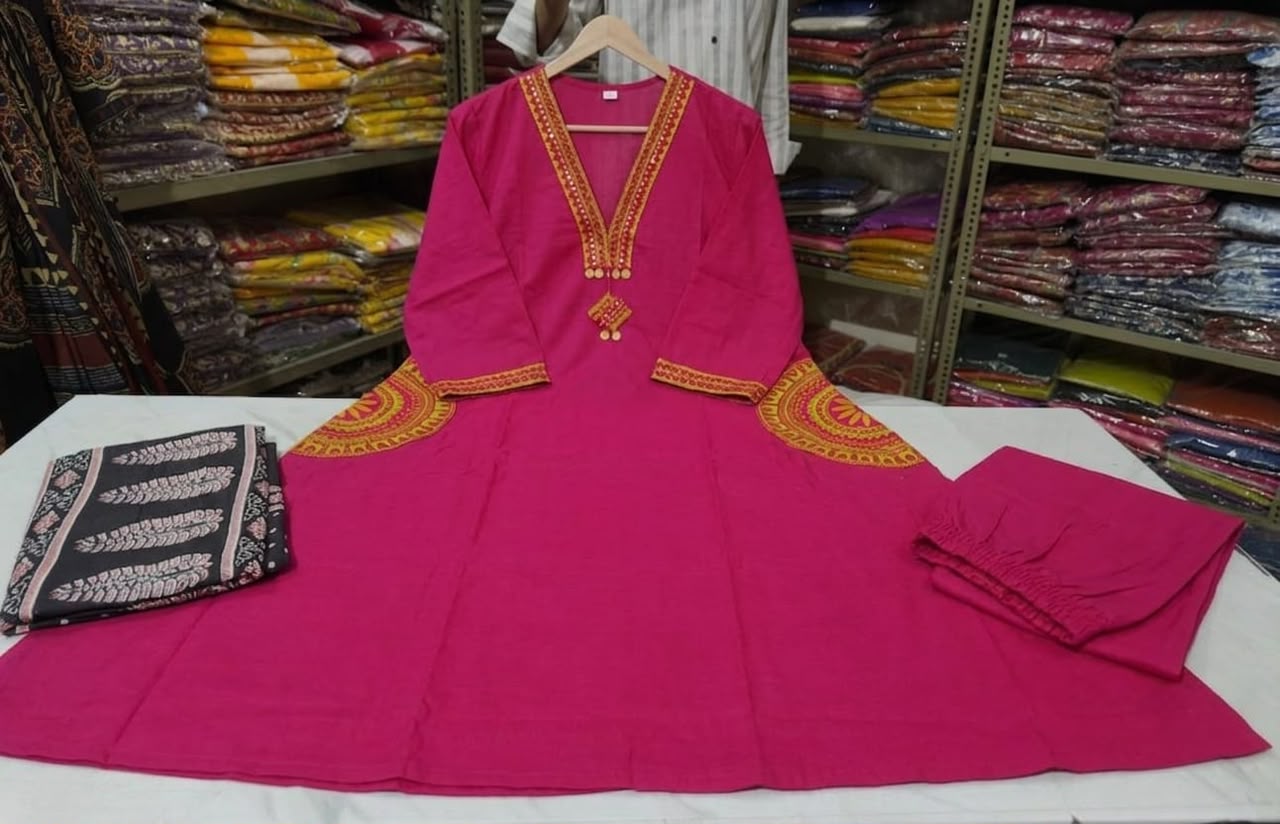 Premium Dhabu Cotton A-Line Kurta Set with Ajrakh Dupatta & Embroidery | Women's Ethnic Wear