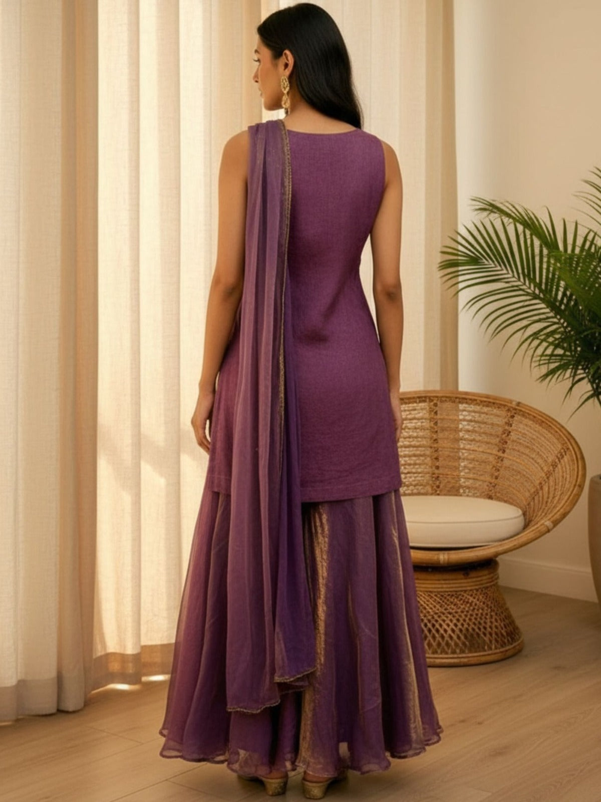 Purple Fendy Satin Embroidered Kurta Palazzo Set with Dupatta