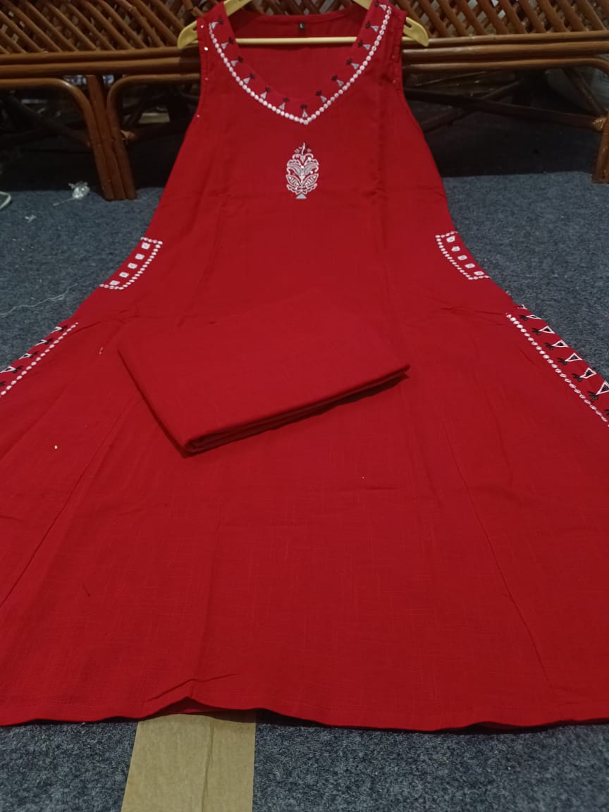 Premium Cotton Slub Embroidered Kurta Palazzo Set