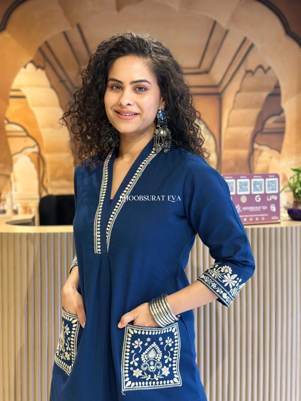 Women's Cotton Slub Embroidered Kurta Pant Set | Office & Casual Wear | V-neck