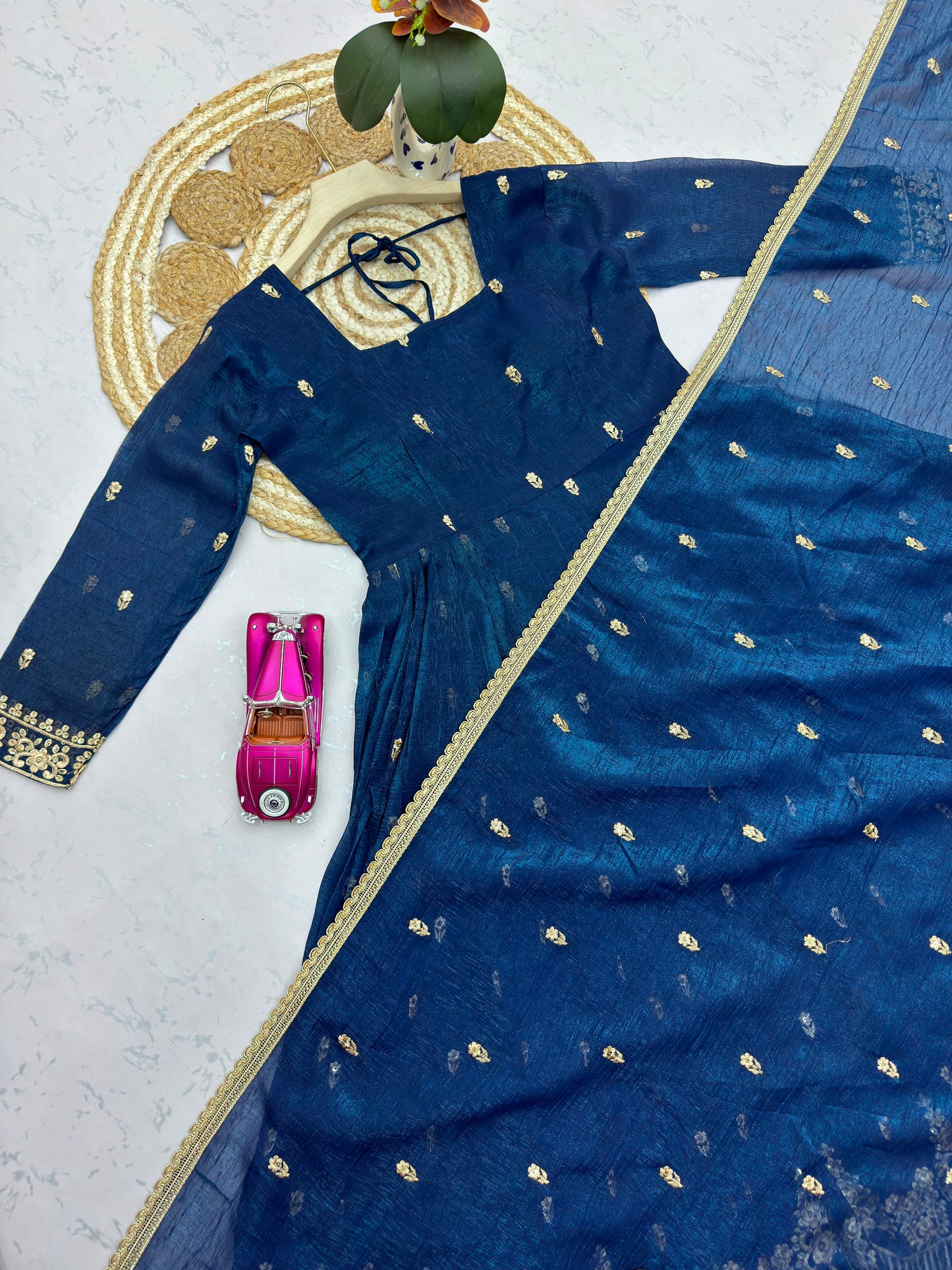 Navy Blue Designer Embroidered Sequins Gown Set with Dupatta & Pant